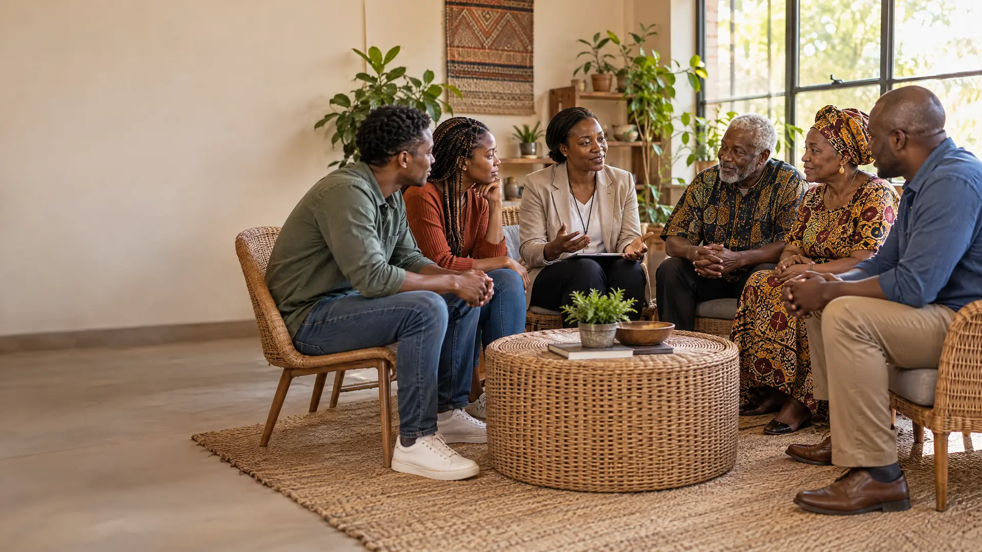 A facilitator leads a calm conversation with a group of adults seated around a low table in a bright room.